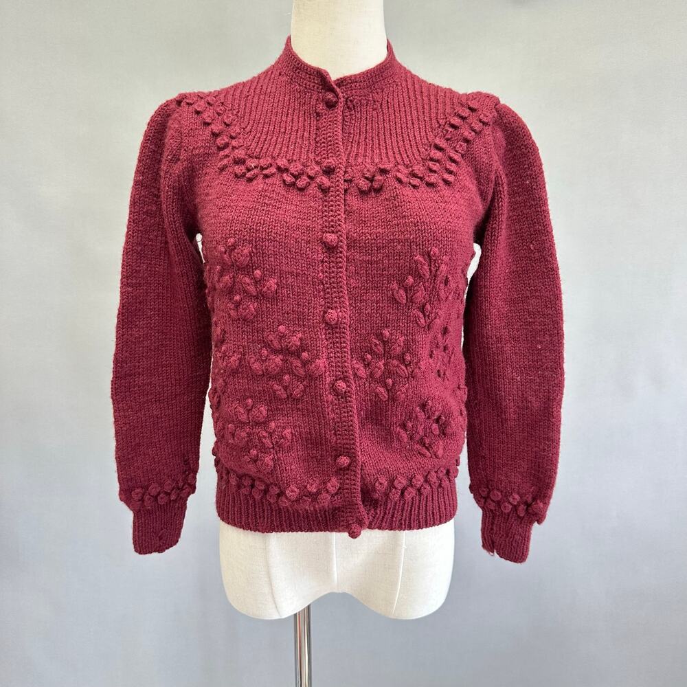 Handknit maroon Pom Pom cardigan sweater size small medium‎